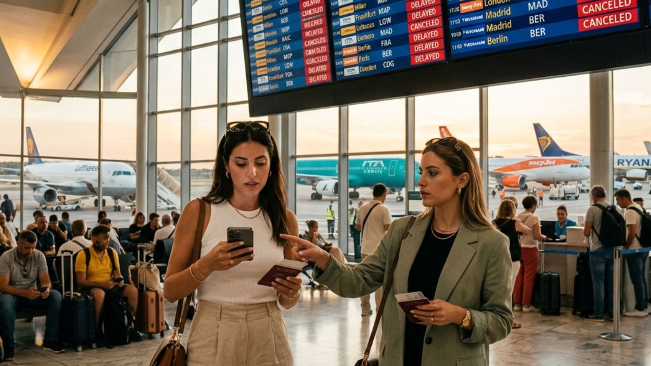 A highly chaotic scene inside the terminal at Rome Leonardo da Vinci International Airport, showing hundreds of stranded passengers staring at a massive, red-flashing departure board filled with delays