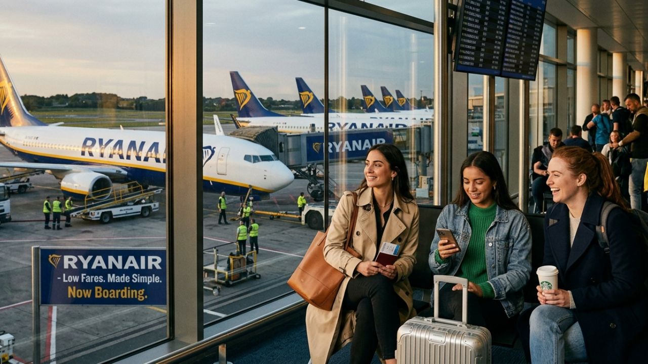 A massive fleet of Ryanair Boeing 737 aircraft parked at a European airport, demonstrating the airline's unencumbered operational dominance
