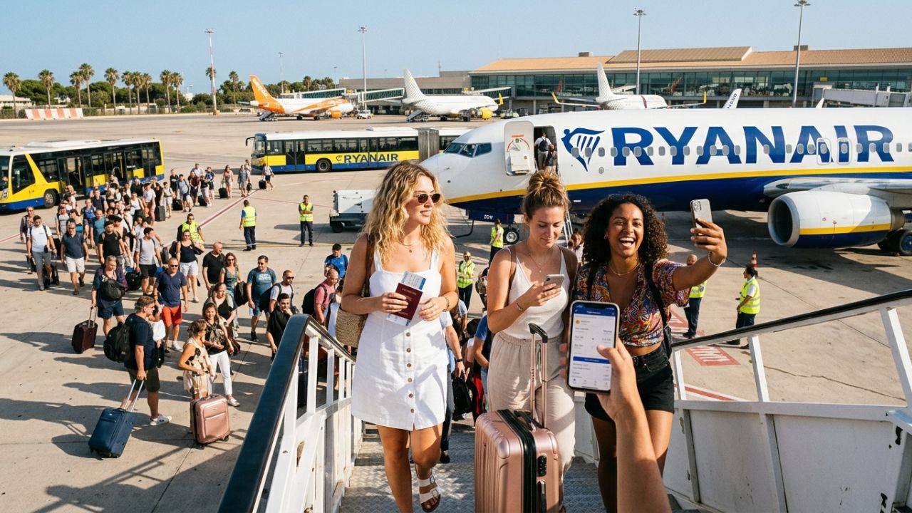 A Ryanair passenger airplane parked on the terminal apron during passenger boarding representing aviation updates