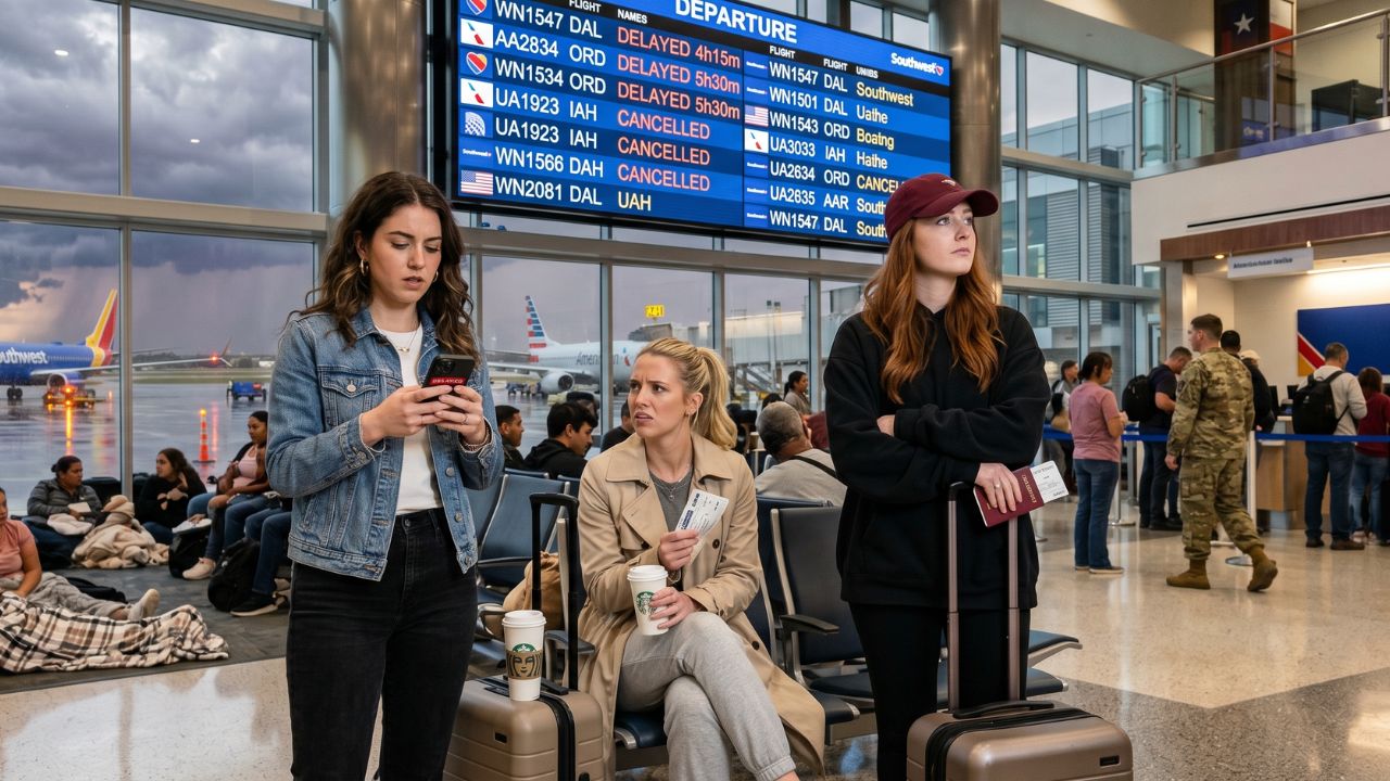 A highly congested departures hall at San Antonio International Airport filled with stranded passengers reacting to massive flight cancellations and severe travel chaos on the departure boards
