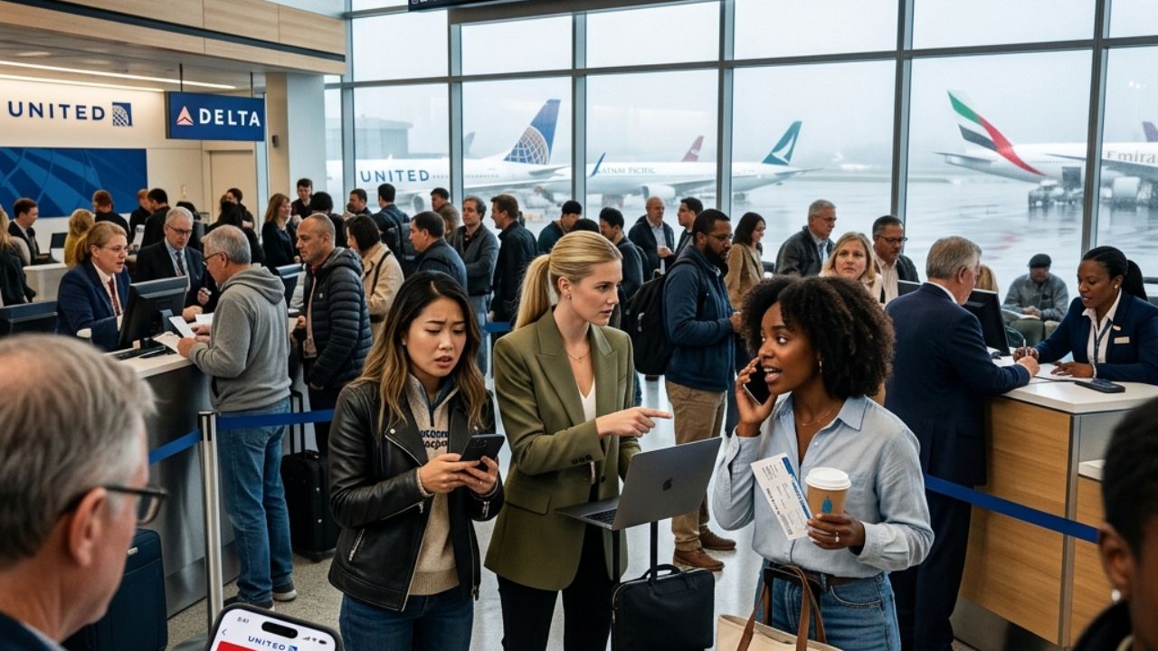 A highly chaotic scene inside San Francisco International Airport showing distressed passengers waiting near departure gates following sudden flight delays and cancellations by major airlines