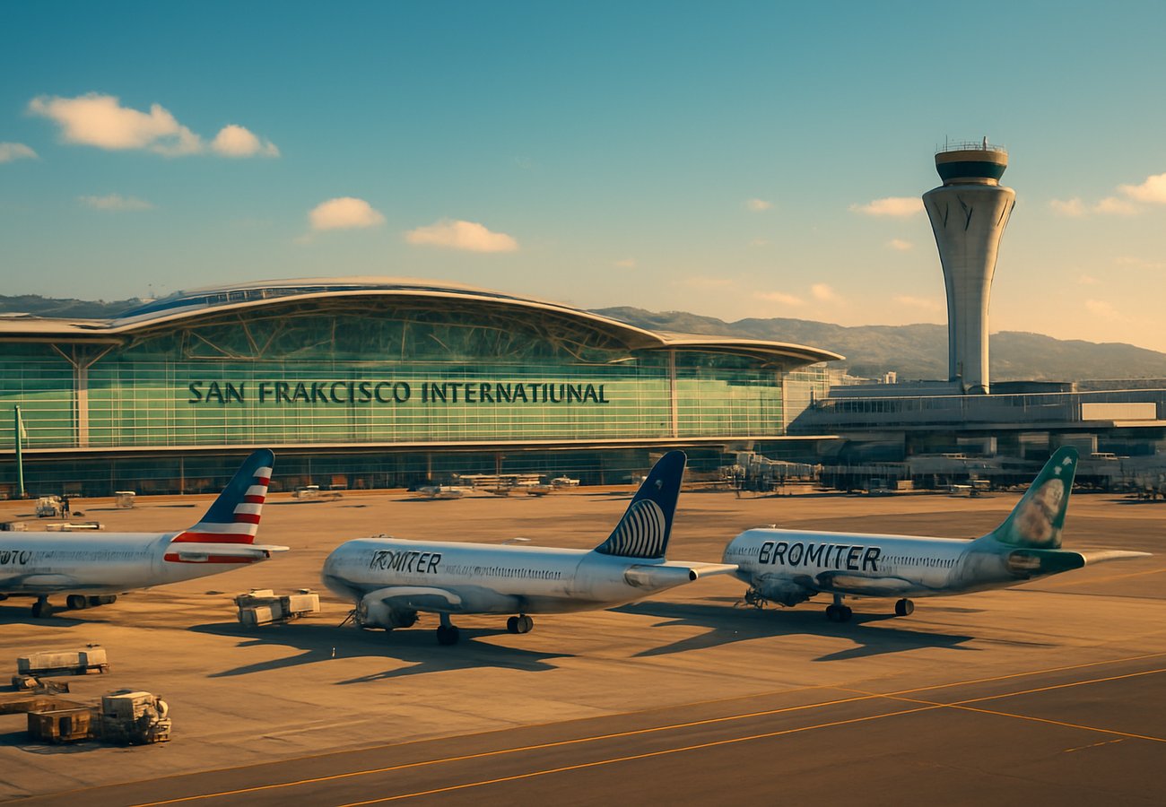 A cinematic, wide-angle shot of the modern International Terminal at San Francisco International Airport (SFO) against a foggy, overcast sky, with the iconic 'SFO' letters glowing in the distance and a sea of United and American Airlines aircraft parked at a standstill at the gates, while a digital status board in the foreground is filled with orange 'DELAYED' and red 'CANCELLED' entries for flights to Singapore and Chicago