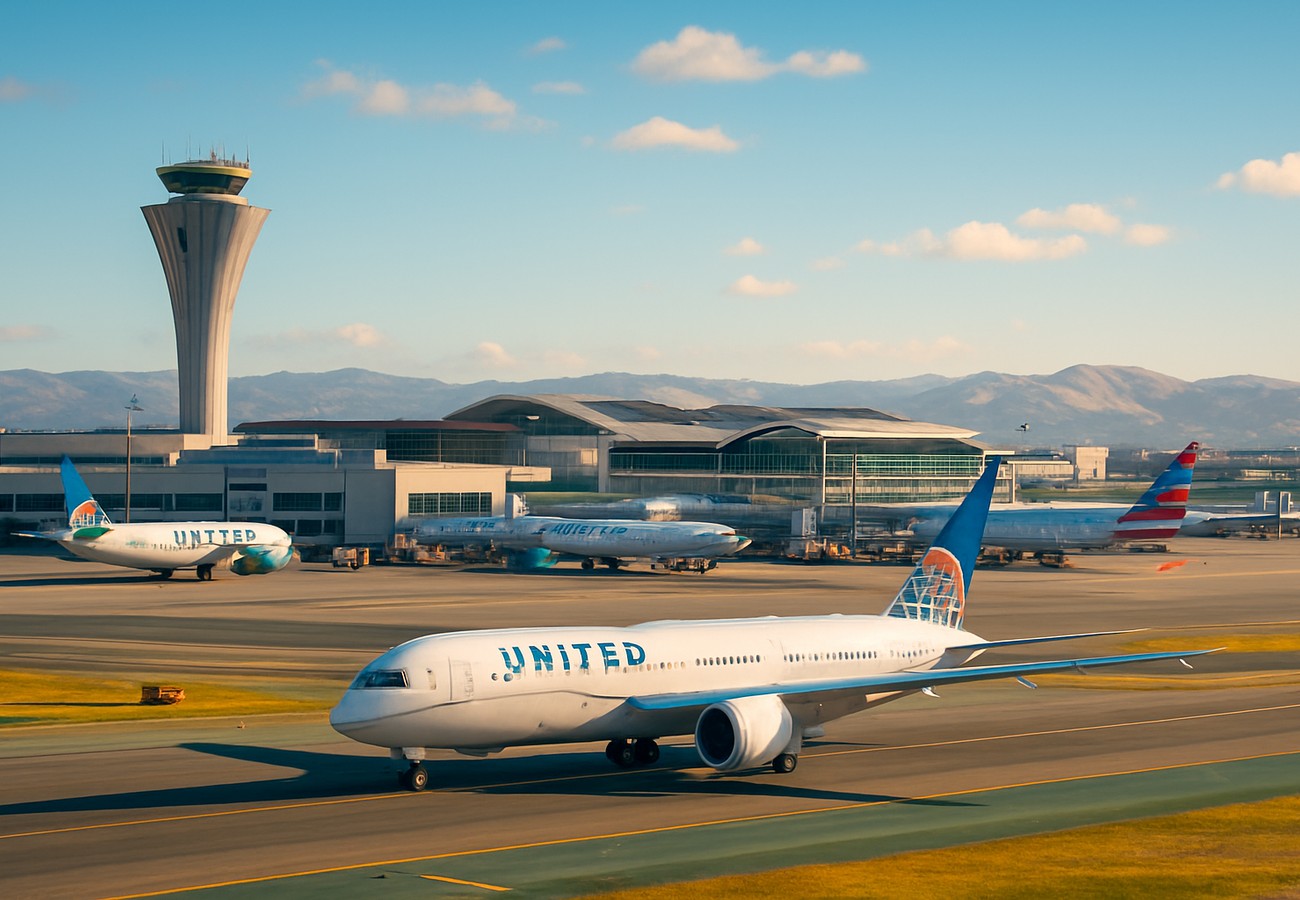 A cinematic, wide-angle shot of the modern International Terminal at San Francisco International Airport (SFO) during a rainy afternoon, with the glowing 'SFO' sign visible in the distance and a sea of United and American Airlines aircraft parked at a standstill at the gates, while a digital status board in the foreground is filled with orange 'DELAYED' and red 'CANCELLED' entries for flights to Paris and Hong Kong