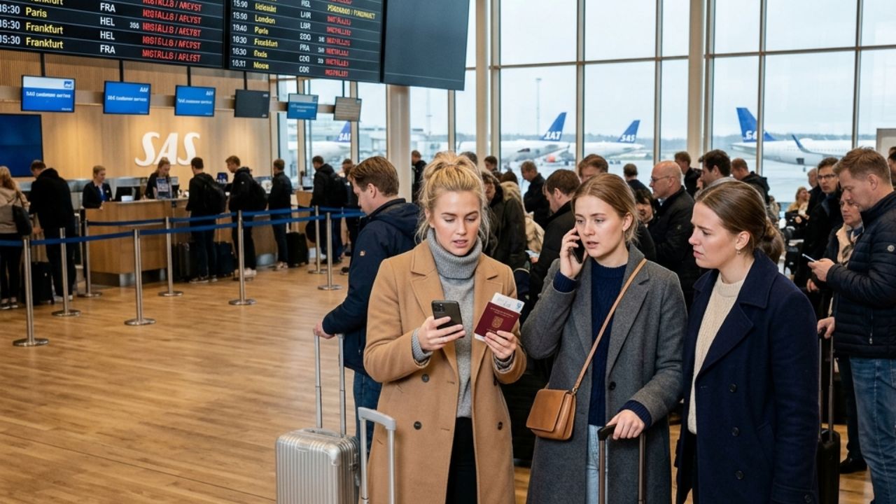A highly chaotic scene showing grounded Scandinavian Airlines (SAS) aircraft at Copenhagen Airport during a massive wave of weekend flight cancellations and terminal gridlock
