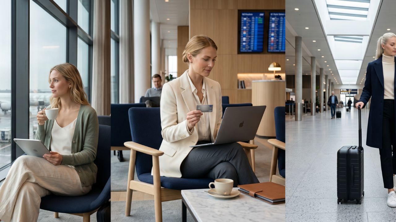 A highly premium metal SAS EuroBonus Executive Business Card resting on a laptop in a luxurious Scandinavian airport lounge, protecting a traveler from terminal chaos