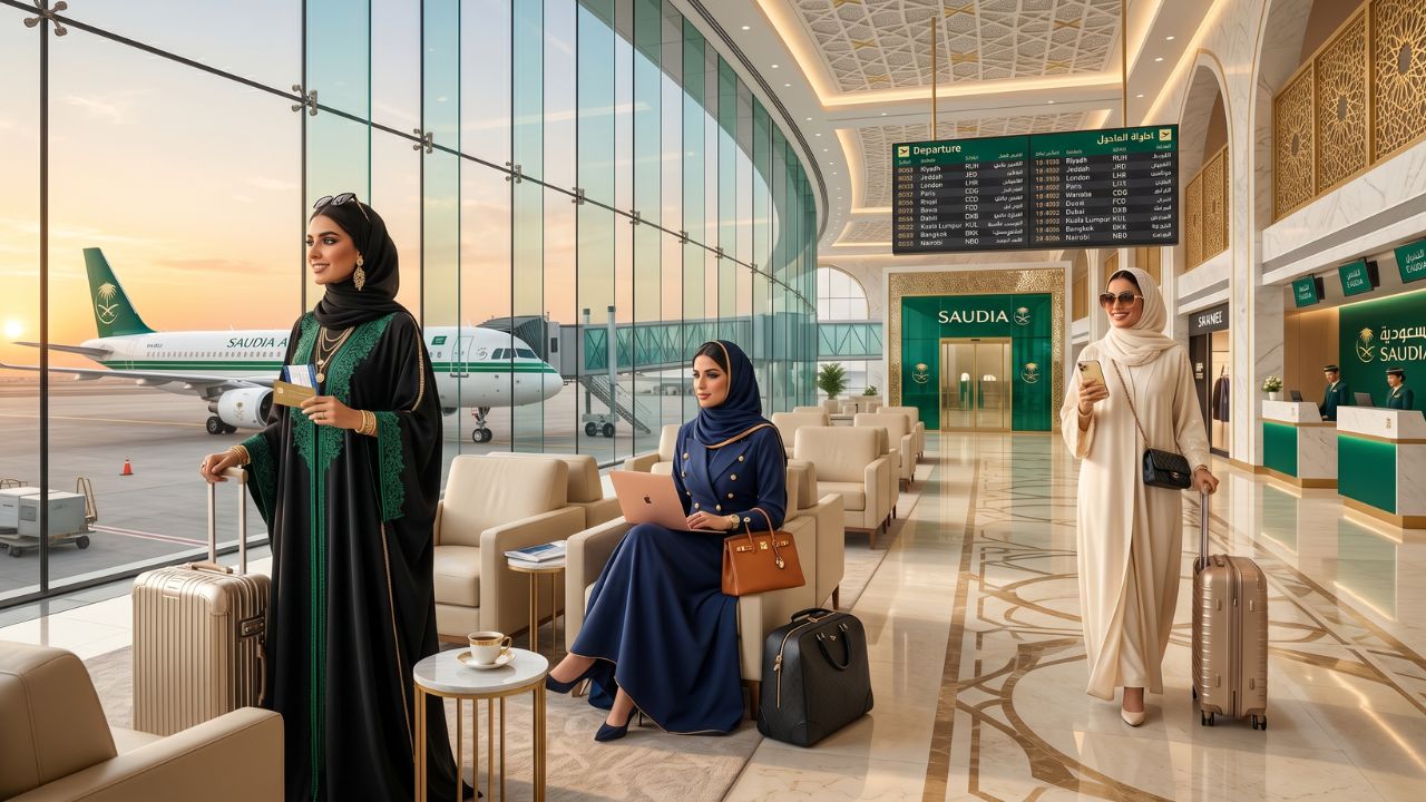 A brand-new Saudia Airbus A321XLR aircraft flying above the clouds, equipped with luxury Business Class suites to prevent travel chaos and passenger fatigue on long-haul routes
