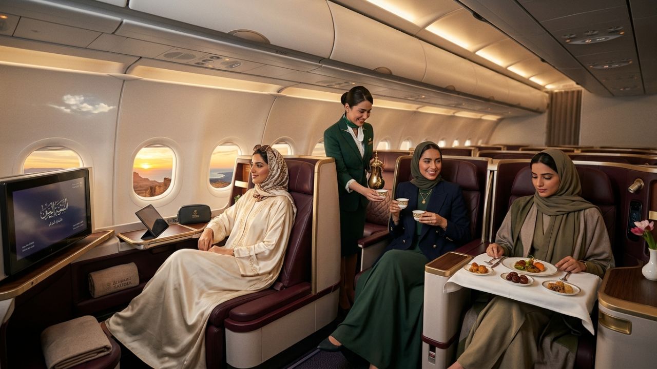 A highly luxurious Saudia Business Class lie-flat suite inside the new Airbus A321XLR, offering premium international travelers a frictionless escape from the severe travel chaos affecting global airports