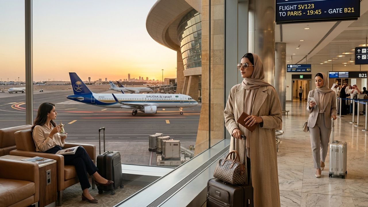 A vibrant Saudia passenger aircraft parked under the terminal gates at sunset