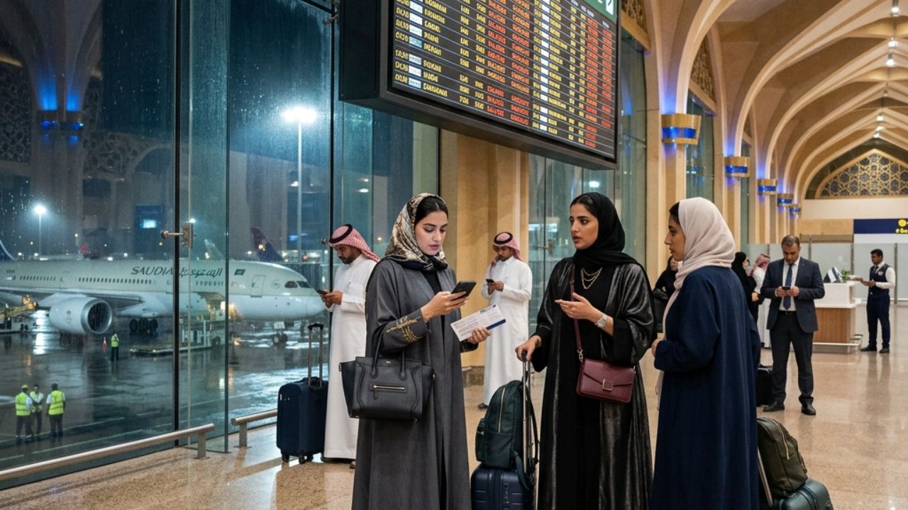 A highly dramatic scene of a grounded Saudia Boeing 777 at King Abdulaziz International Airport during a massive wave of flight cancellations and airport disruptions