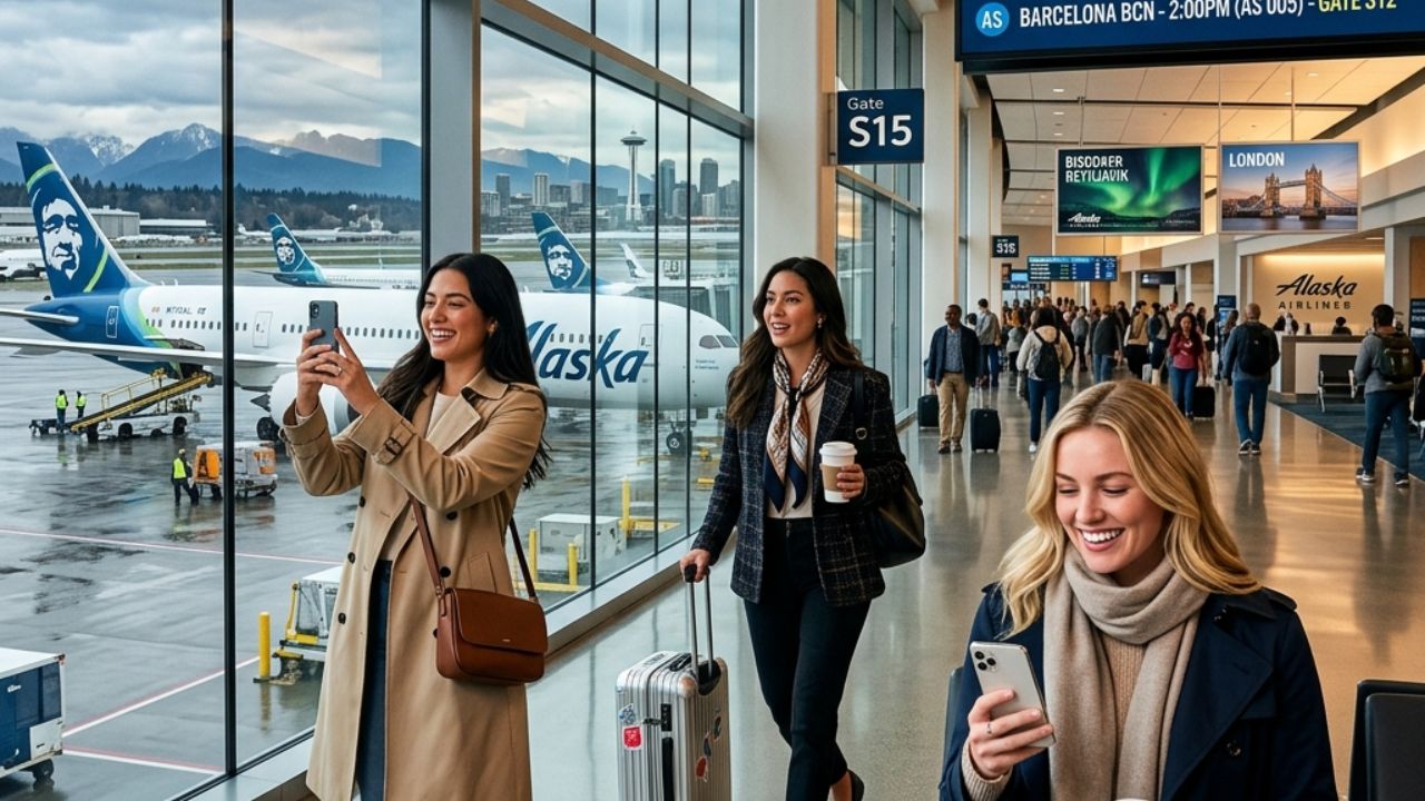Travelers waiting at Seattle-Tacoma International Airport for the inaugural Alaska Airlines flight to Europe.