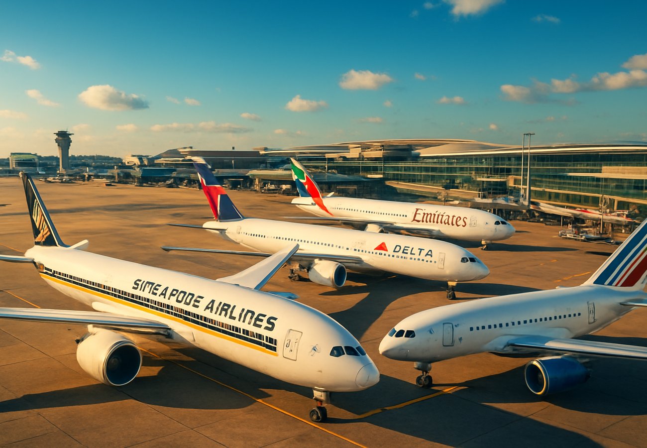 Luxury business class airplane cabin with premium lie-flat seating and cinematic sunset views