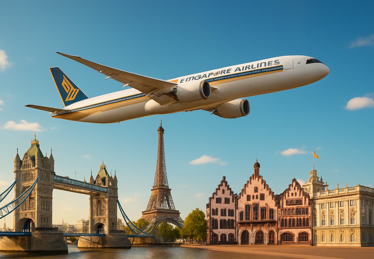A Singapore Airlines Airbus A350-900 parked at a bright, modern gate at Singapore Changi Airport (SIN) with the distinctive control tower in the background, while digital displays in the foreground show a long list of European destinations including London, Madrid, and Paris
