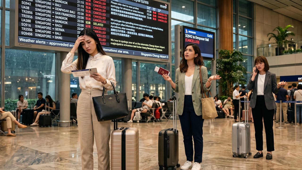 A highly congested Singapore Changi Airport terminal experiencing sudden passenger bottlenecks and massive travel chaos due to intercontinental flight cancellations