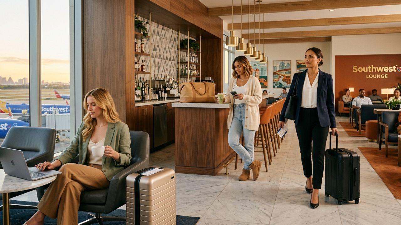 A highly advanced Southwest Airlines premium lounge at Austin-Bergstrom International Airport, physically shielding high-yield passengers from severe global travel chaos