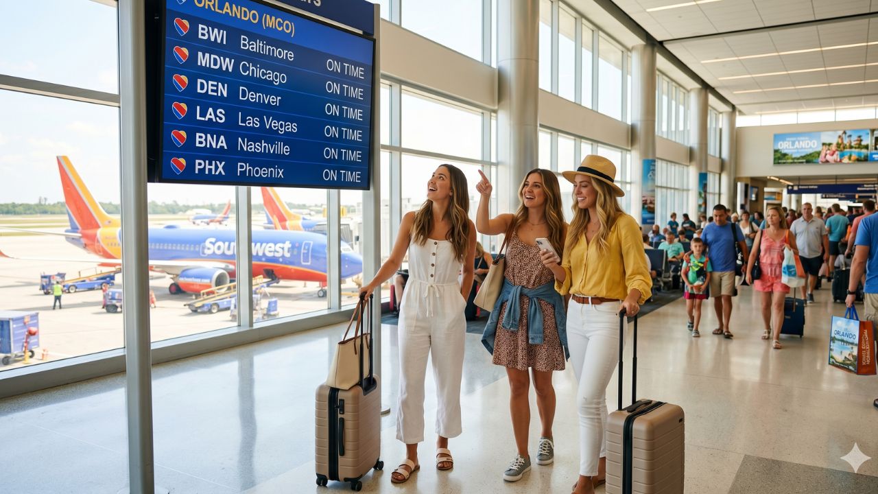 A highly congested airport terminal showing massive crowds of desperate passengers surviving severe flight cancellations and travel chaos by booking expanded Southwest Airlines routes to Orlando