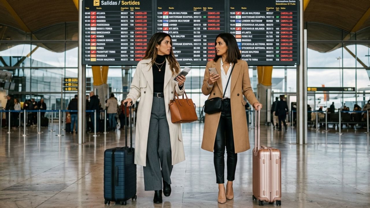 A chaotic scene at Madrid-Barajas Airport as frustrated passengers stare at a departure board displaying multiple red flight cancellations from Iberia and Delta Airlines