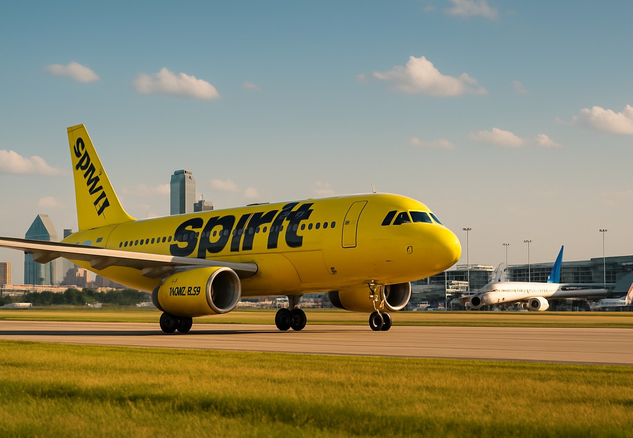 A somber, high-contrast shot of a Spirit Airlines bright yellow tail fin silhouetted against a stormy Texas sky at Dallas-Fort Worth International (DFW), with a digital news ticker in the foreground flashing 'Spirit Airlines: 900+ Layoffs Confirmed' and a queue of grounded yellow aircraft visible on the tarmac