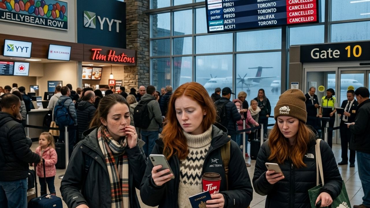 A highly chaotic scene inside St. John's International Airport showing frustrated passengers waiting near departure gates following sudden flight cancellations by Air Canada and PAL Airlines