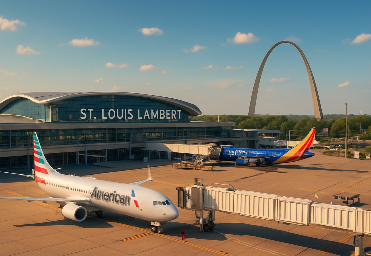A clean, architectural shot of the iconic vaulted terminal roof of St. Louis Lambert International Airport (STL) against a clear Midwestern sky, with a Southwest Airlines 737-800 pushing back from a gate and a digital status board in the foreground displaying 'DELAYED' in amber text for flights to Orlando and Tampa