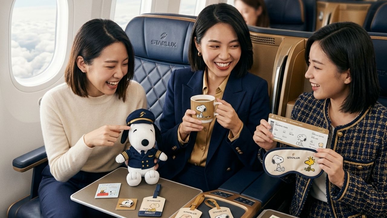 A highly cheerful Starlux Airlines cabin completely transformed by the seasonal Snoopy campaign, offering passengers an emotional sanctuary away from the severe airport disruptions happening worldwide