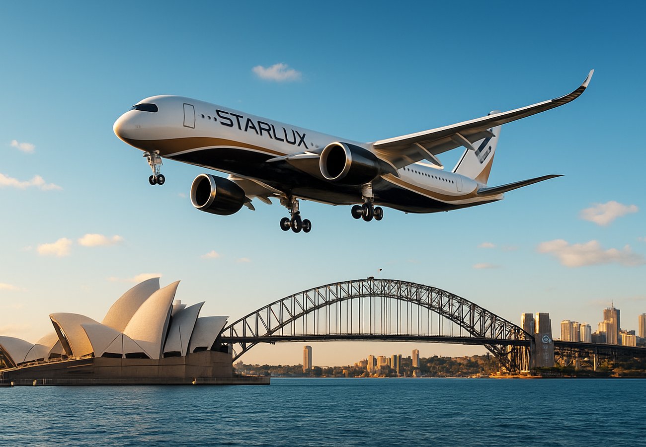 Starlux Airlines aircraft arriving at Sydney Airport with Taipei skyline in background