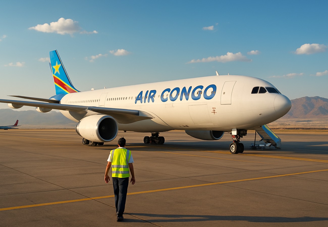An Air Congo Boeing 787 Dreamliner with its distinctive livery, contrasted with a heavy naval blockade in the Strait of Hormuz and a global oil price ticker showing record-high figures during a security crisis