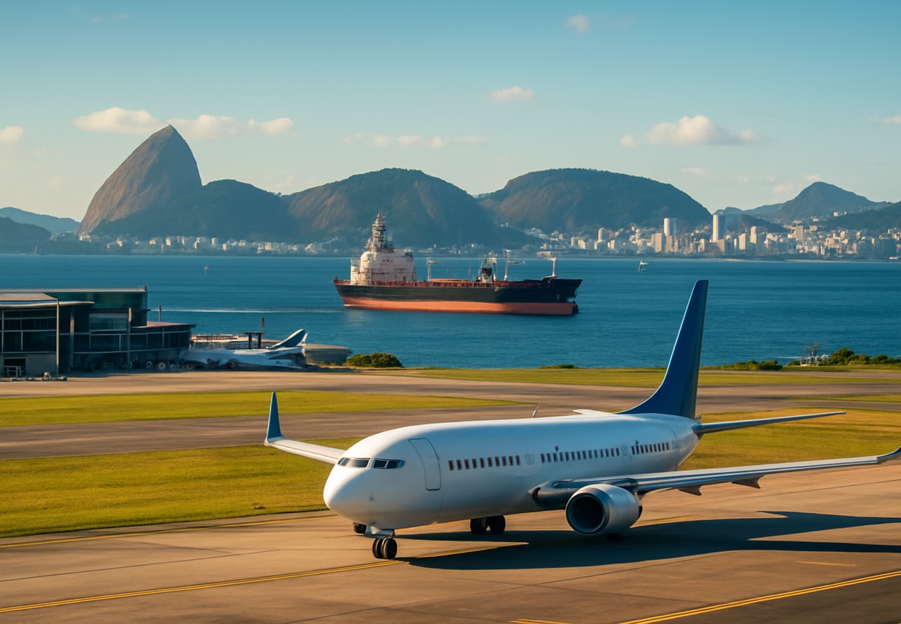 A heavy naval blockade in the Strait of Hormuz with military vessels and tankers, contrasted with frustrated travelers at a crowded São Paulo-Congonhas Airport terminal during a global oil shock