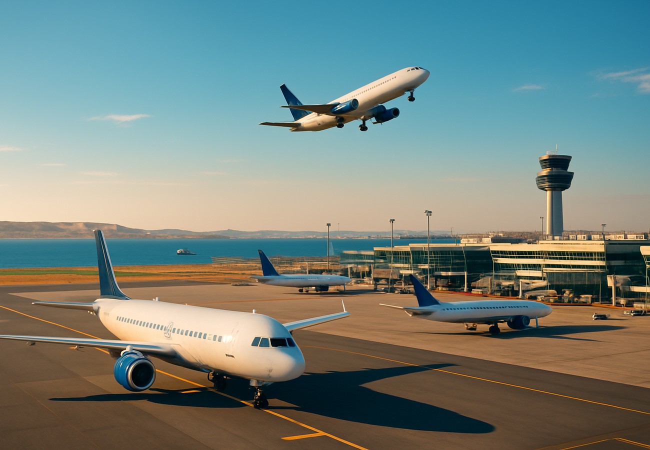 A heavy naval blockade in the Strait of Hormuz with military vessels and tankers, contrasted with frustrated travelers at a crowded Frankfurt International Airport terminal during a global oil shock