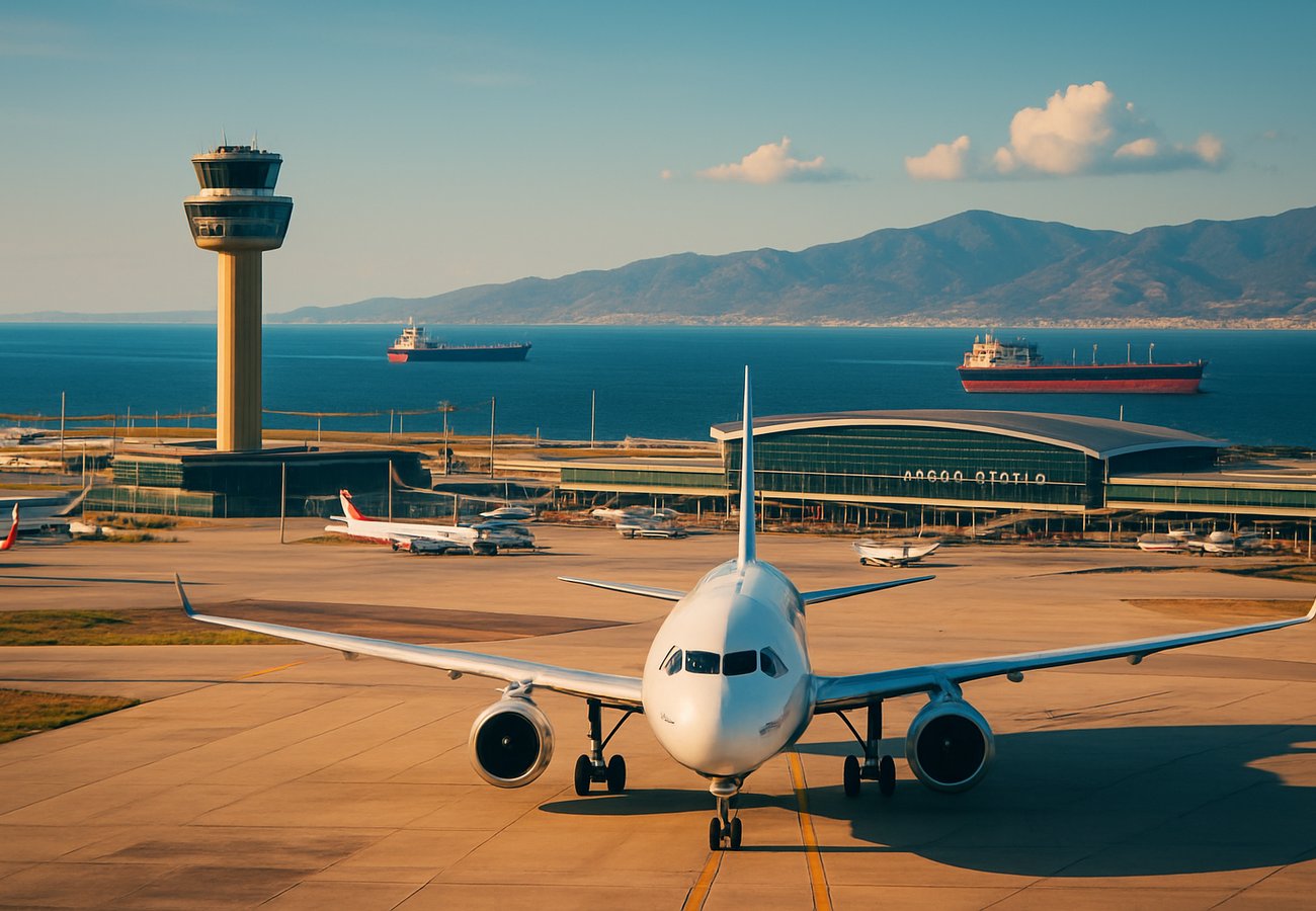 A heavy naval blockade in the Strait of Hormuz with tankers and military vessels, contrasted with frustrated travelers at a packed Madrid Barajas airport terminal during a global oil shock