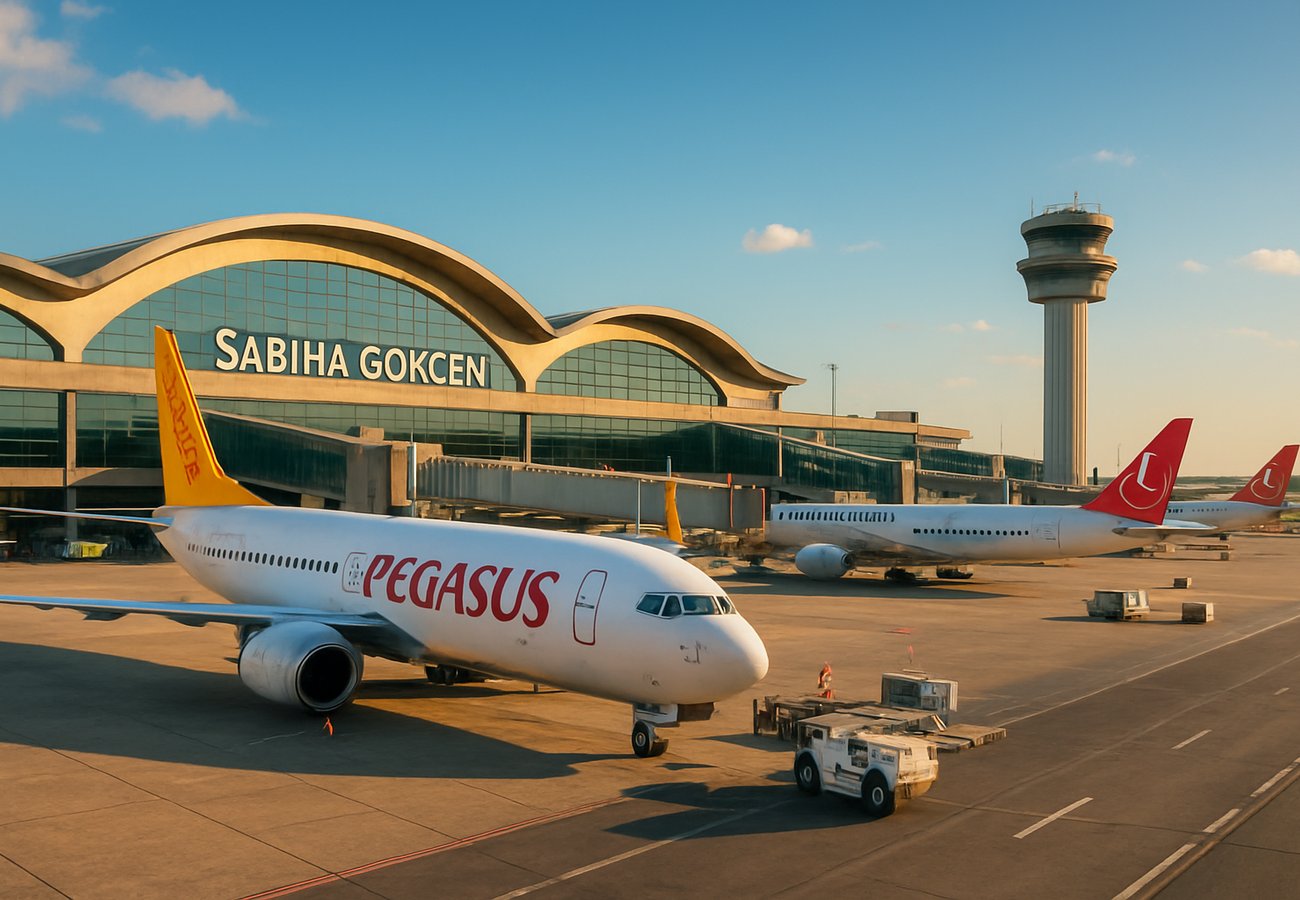 A heavy naval blockade in the Strait of Hormuz with military vessels and tankers, contrasted with frustrated travelers at a crowded terminal in Istanbul Sabiha Gökçen Airport during a global oil shock