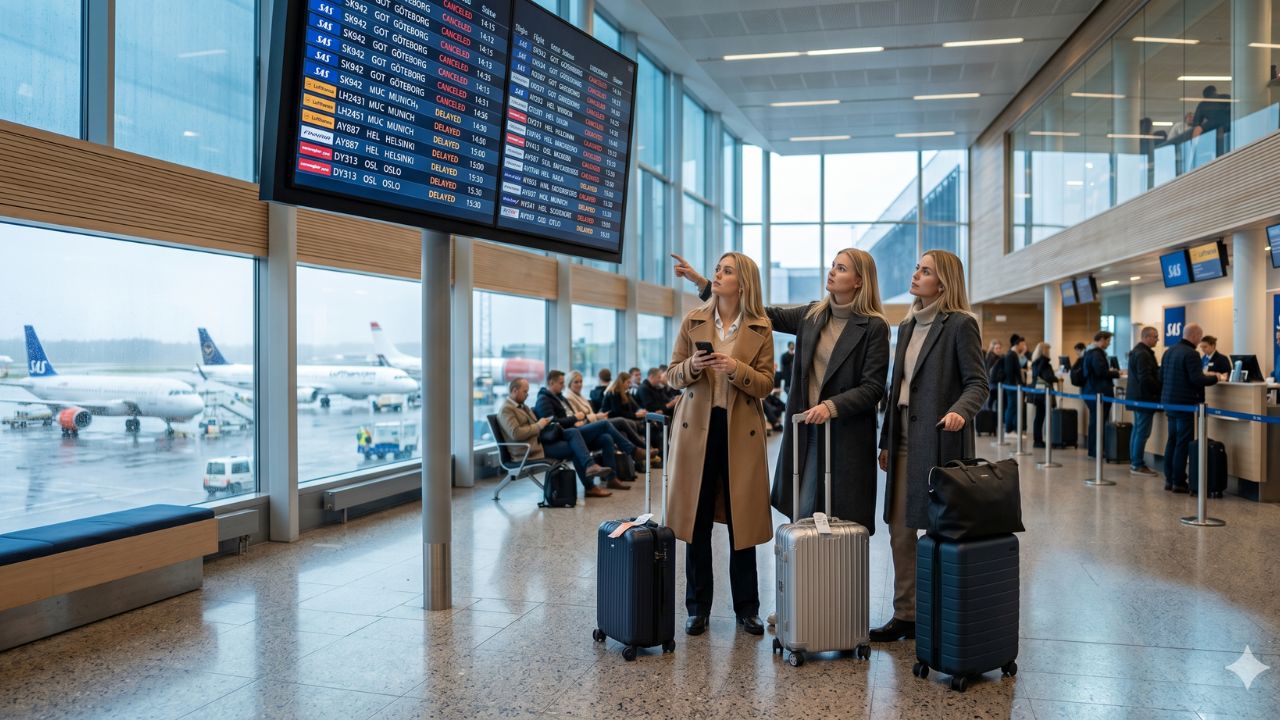 A highly chaotic scene at a massive Swedish airport showing massive crowds of desperate passengers stranded by severe flight cancellations and cascading delays across Stockholm and Gothenburg