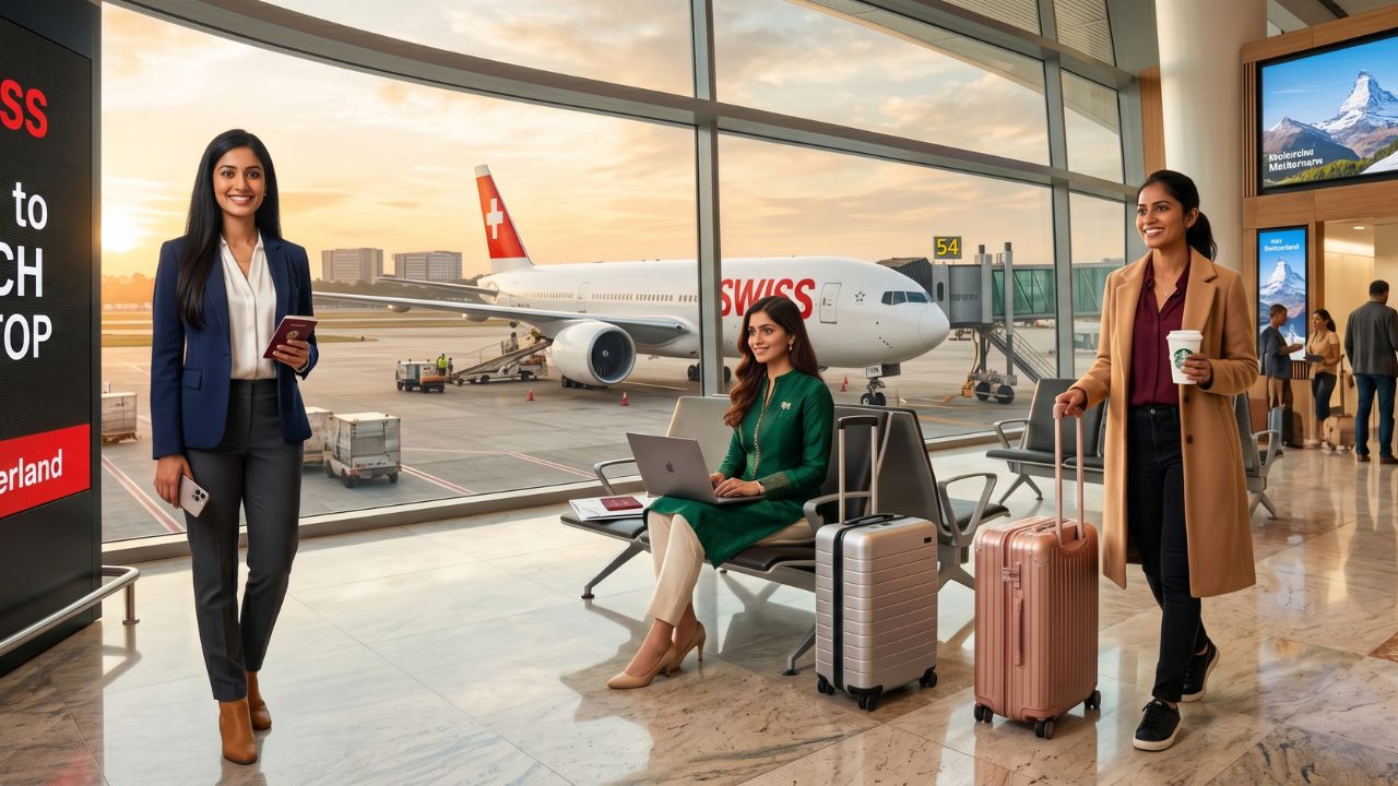 A Swiss International Air Lines long-haul jet preparing for takeoff, heavily utilized by Indian tech executives to bypass severe travel chaos and airport disruptions across Europe