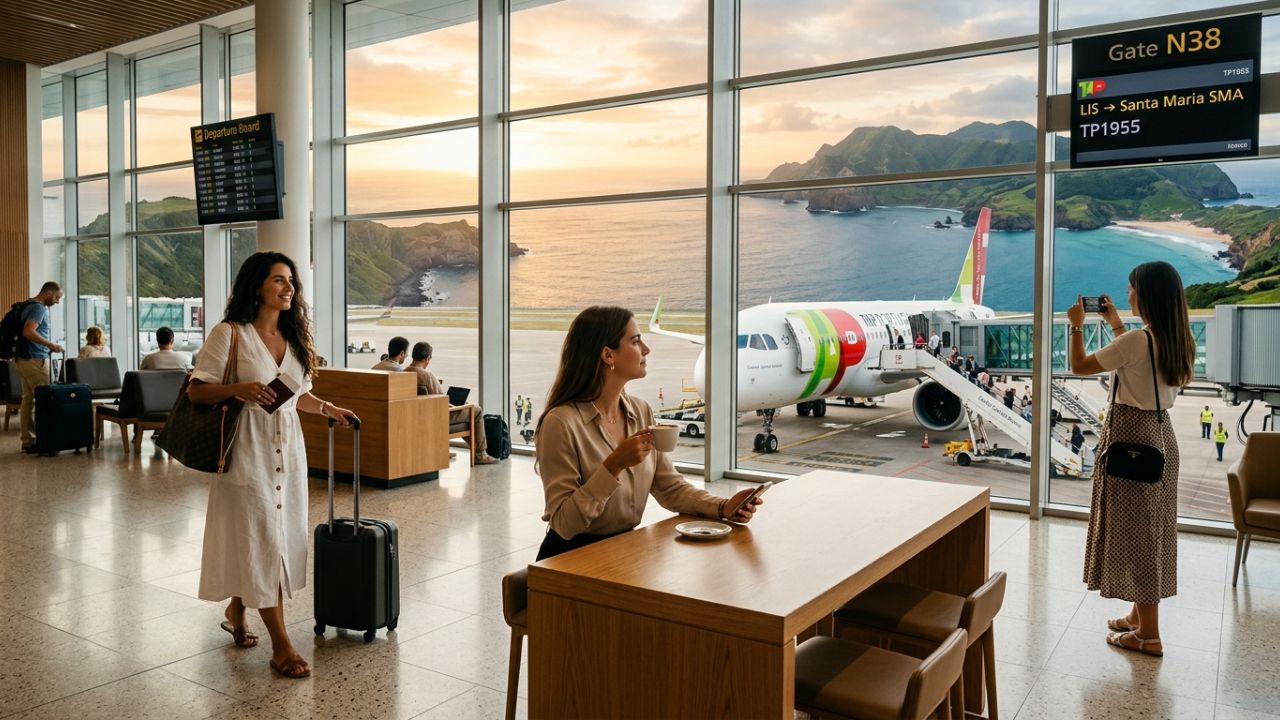 A TAP Air Portugal Airbus A320neo flying above the deep blue Atlantic ocean approaching the volcanic Azores coastline