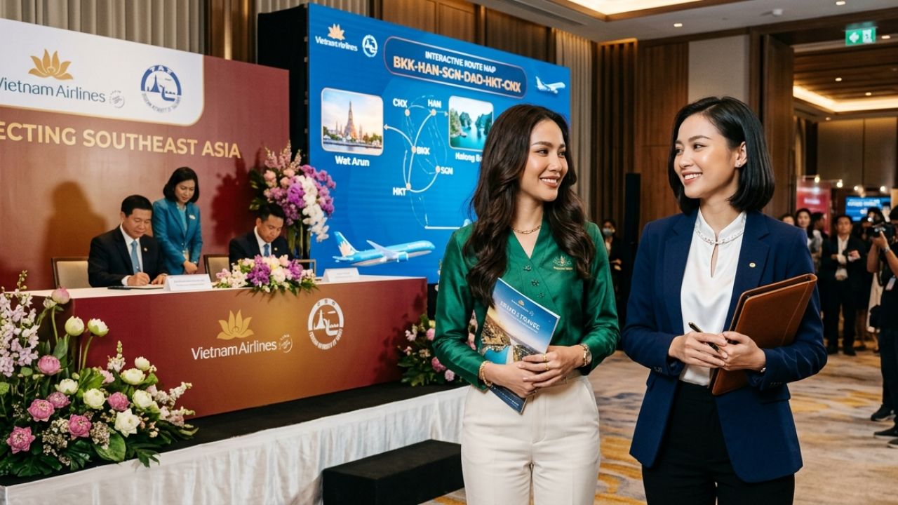 Representatives from the Tourism Authority of Thailand and Vietnam Airlines signing a historic aviation agreement in Bangkok