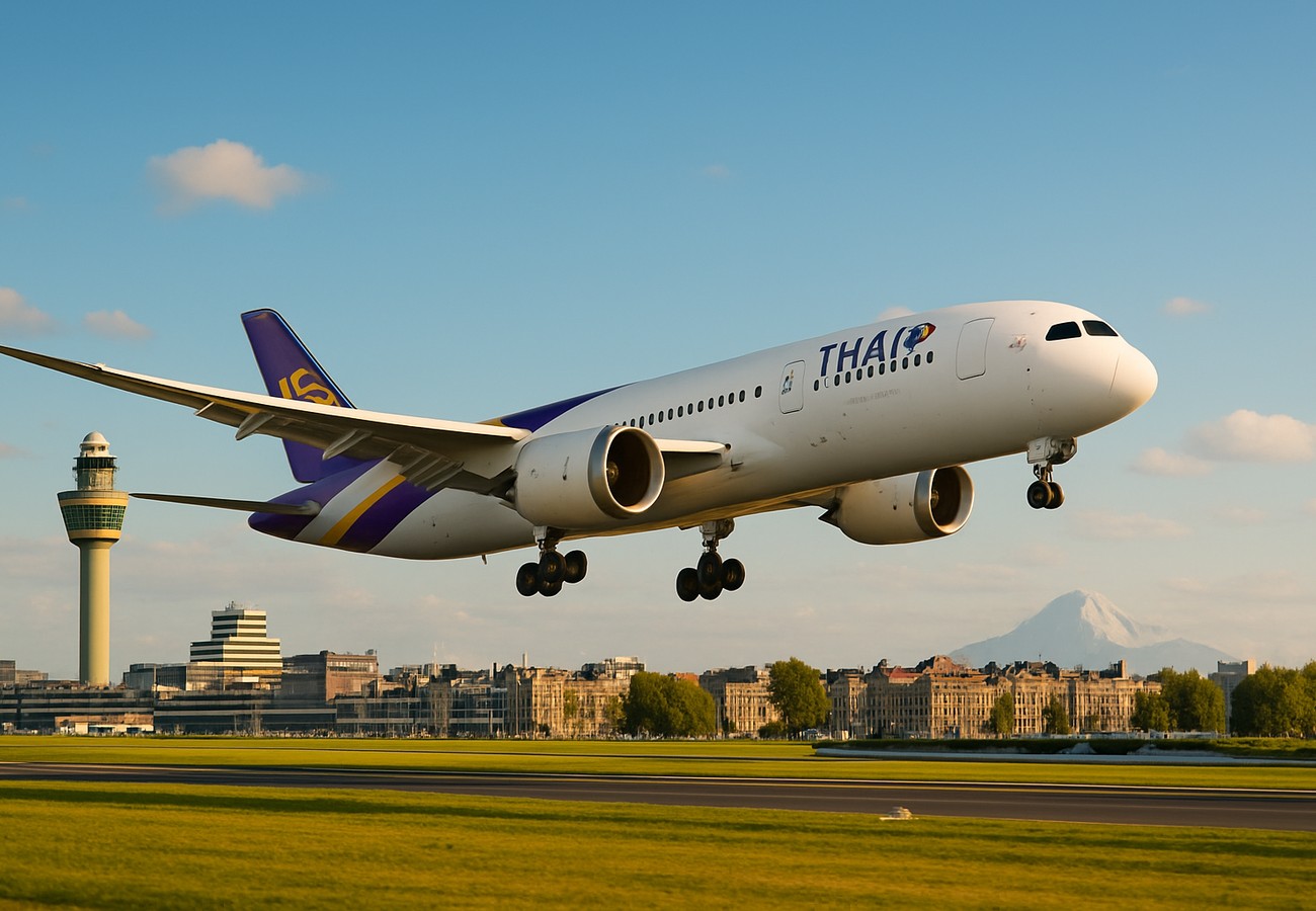 A majestic Thai Airways Airbus A350-900 with its distinctive purple and gold livery soaring above the clouds, with a digital overlay showing a world map connecting Bangkok to Amsterdam, Auckland, Jaipur, and Shenzhen, while the text 'Thai Airways Global Expansion 2026' glows in the foreground