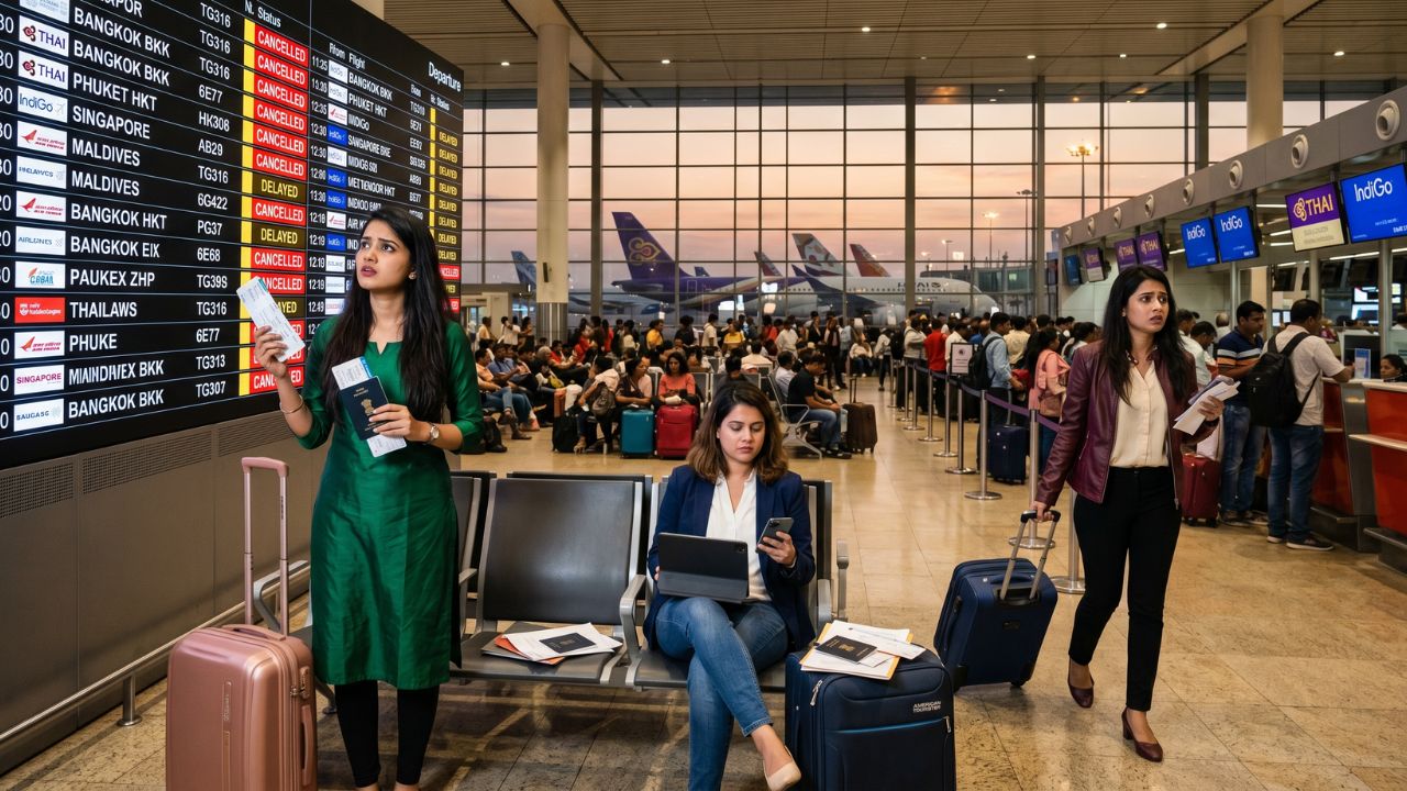 A highly congested airport immigration hall completely overwhelmed by stranded Indian travelers facing sudden visa crackdowns and massive global travel chaos