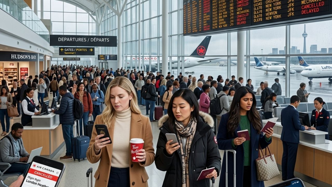 A highly chaotic scene inside Toronto Pearson International Airport showing massive crowds of stranded passengers waiting near departure gates following sudden flight cancellations by Air Canada and Porter Airlines