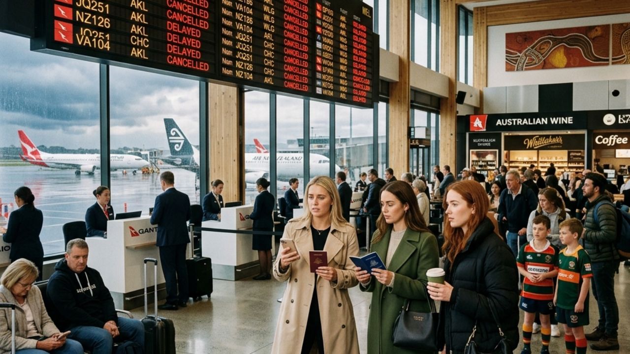 A highly chaotic scene inside an Australian airport terminal showing massive crowds of stranded passengers waiting near departure gates following sudden flight cancellations by QantasLink and Jetstar