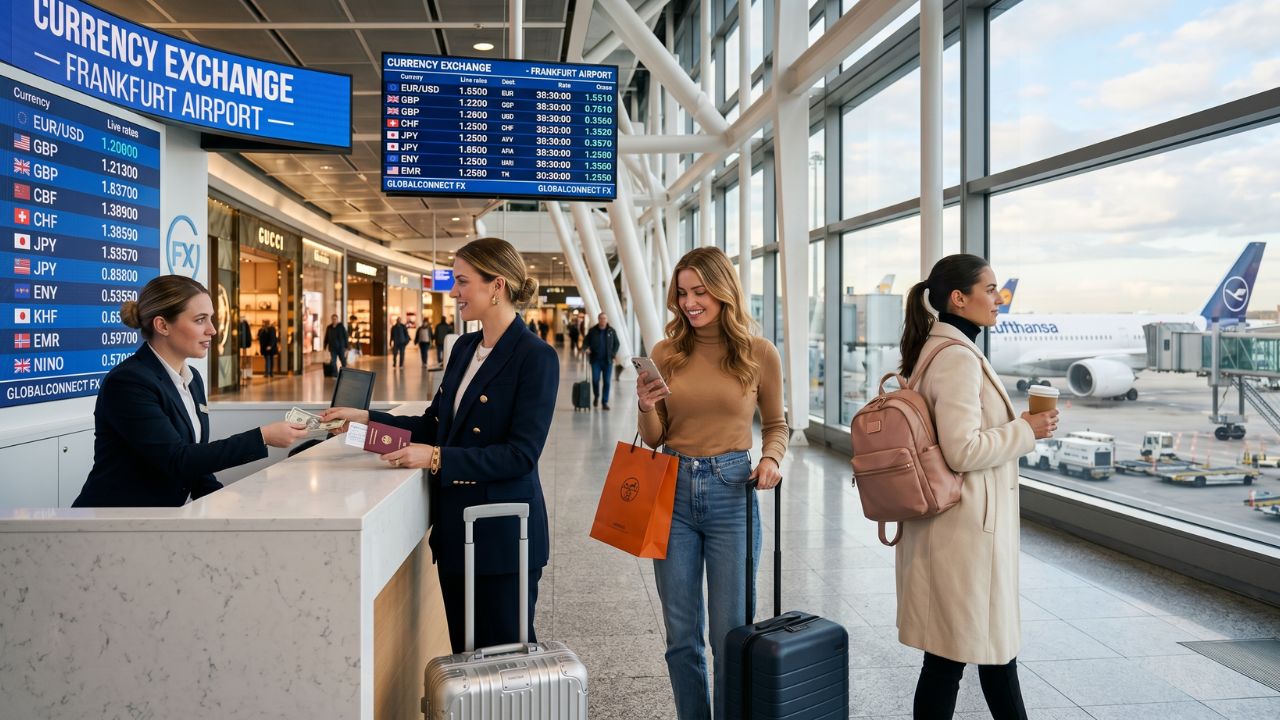 Travelex foreign exchange store at Frankfurt Airport Terminal 1, offering travel money and currency services to international passengers in 2026