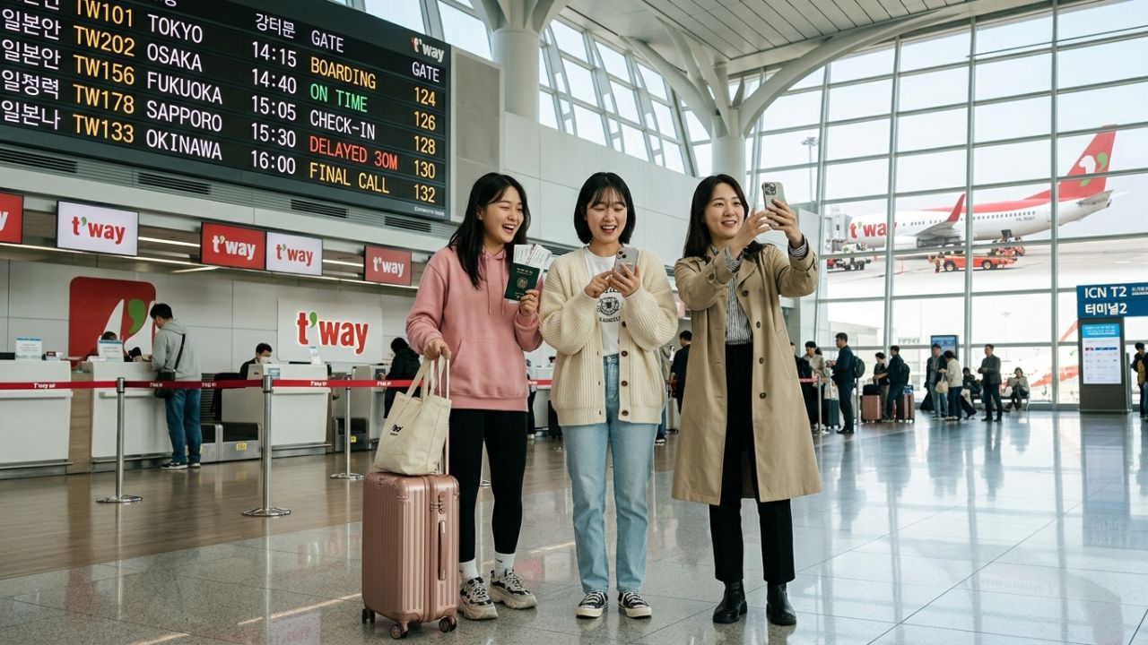 An international check-in counter at a South Korean airport terminal with travelers preparing to board, representing T'way Air routes