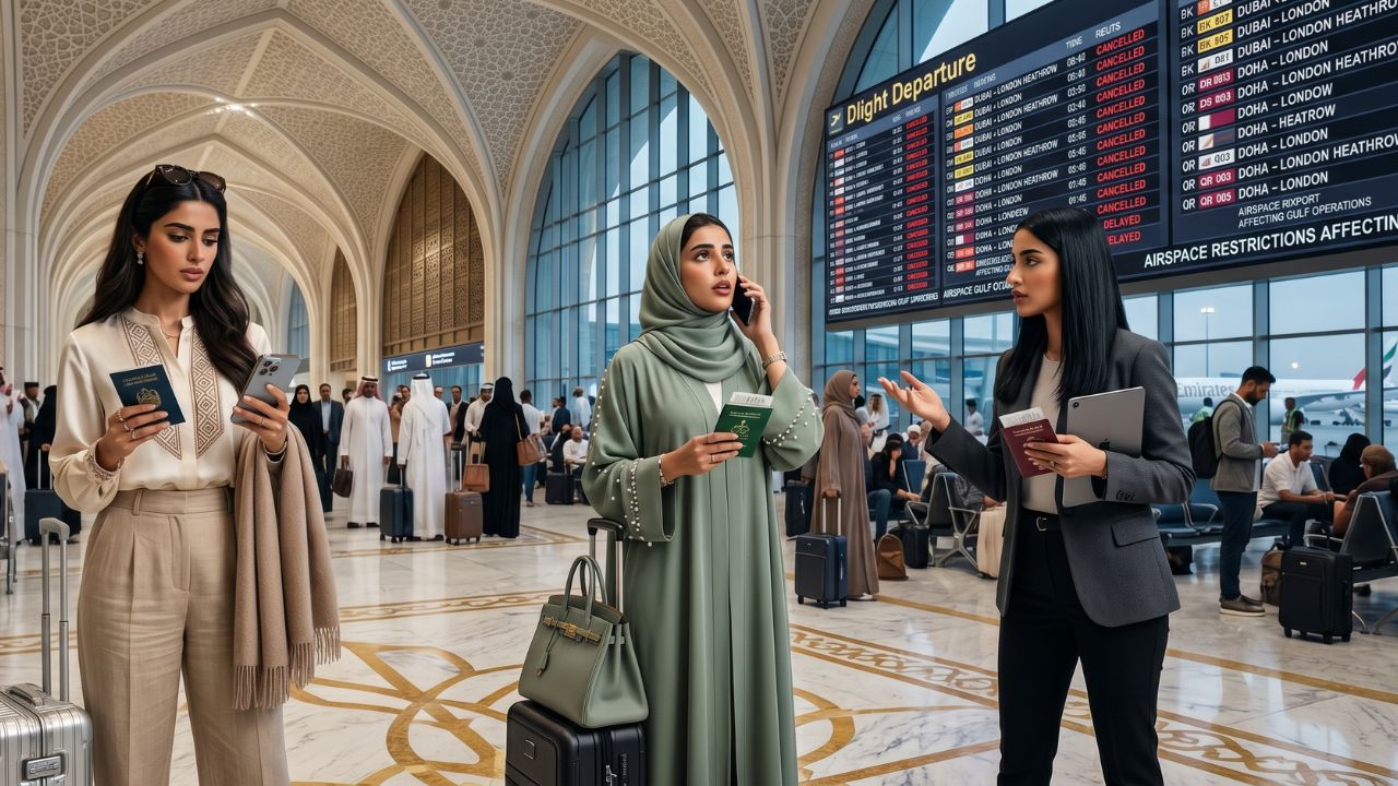 A highly congested Gulf airport terminal experiencing severe passenger bottlenecks and massive travel chaos due to widespread Middle East airspace closures