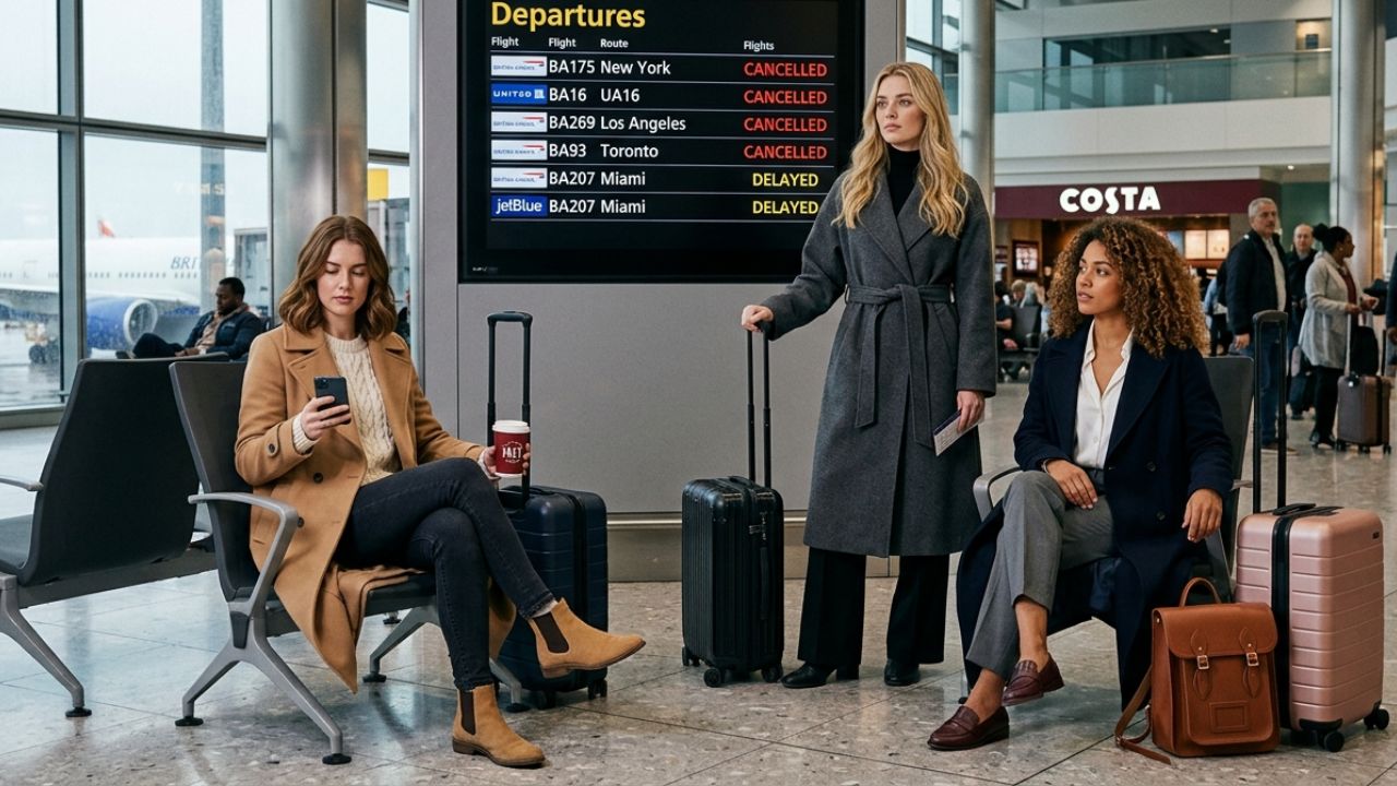 A highly congested UK airport terminal displaying multiple red flight cancellations on the departure board as stranded passengers crowd the British Airways and United Airlines counters