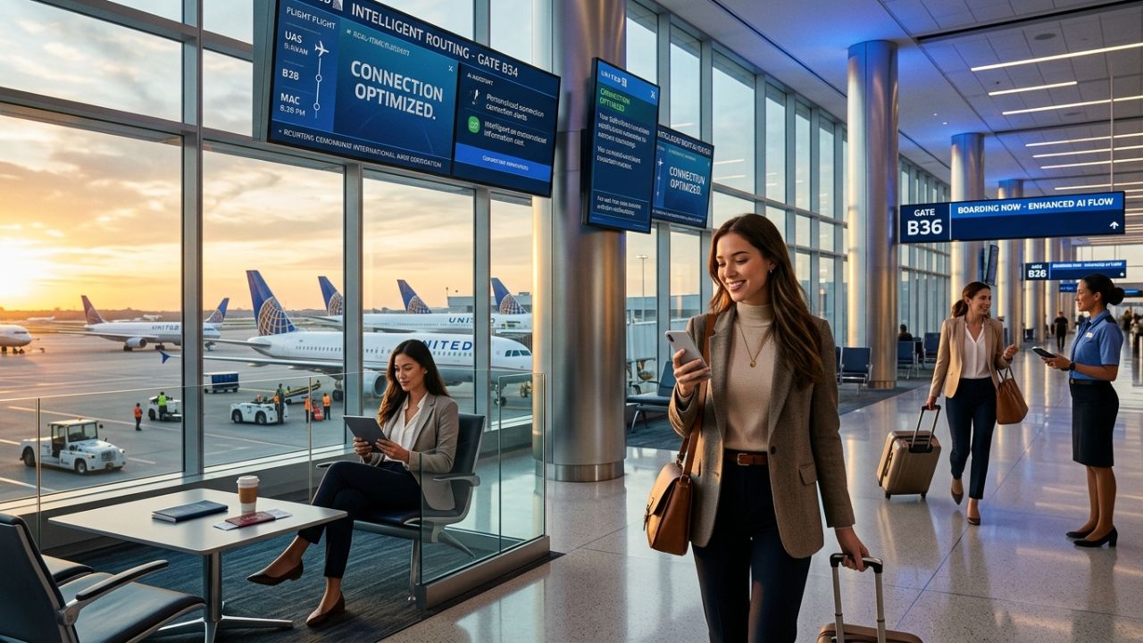 A United Airlines passenger rushing through a modern airport concourse towards a departure gate with digital screens displaying flight information