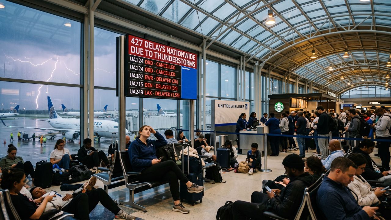 A highly congested US airport terminal filled with stranded travelers viewing a massive departure board displaying United Airlines flight cancellations and delays