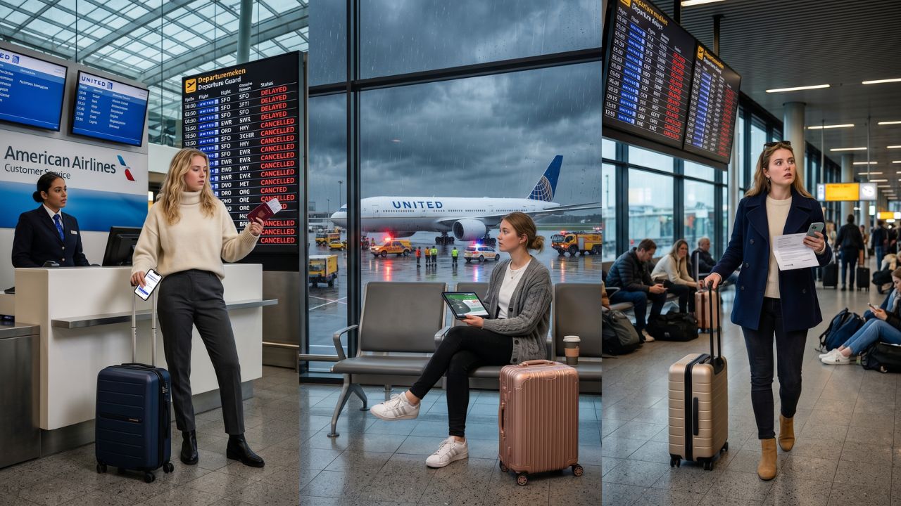 A highly congested tarmac at Amsterdam Schiphol Airport featuring a United Airlines Boeing 777 undergoing emergency maintenance following a severe flight diversion that triggered massive travel chaos