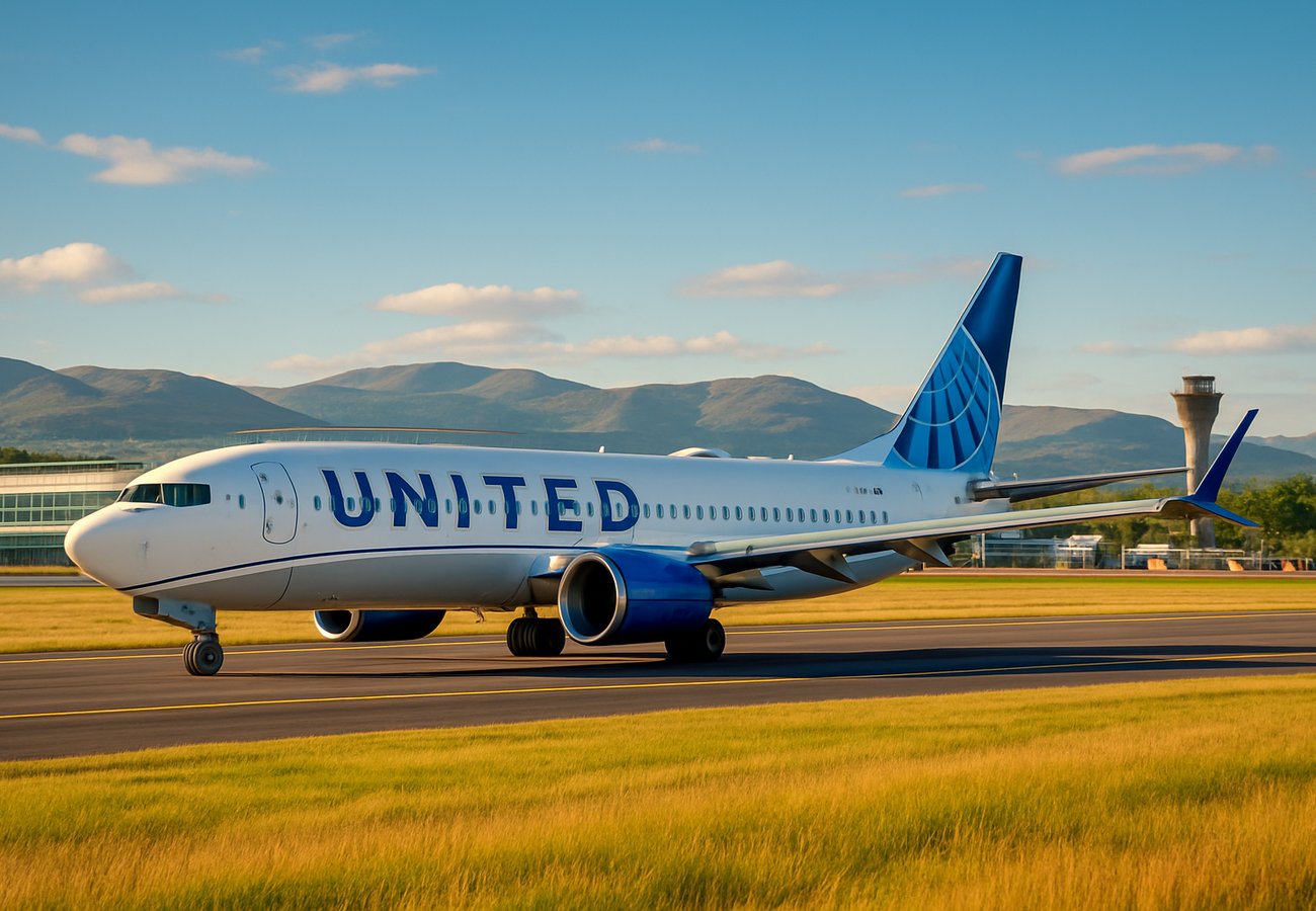 A United Airlines Boeing 737 MAX 8 taxiing on the runway at Glasgow Airport (GLA) with the iconic terminal in the background, as water cannons perform a traditional salute to welcome the return of nonstop US carrier service to Scotland's west coast