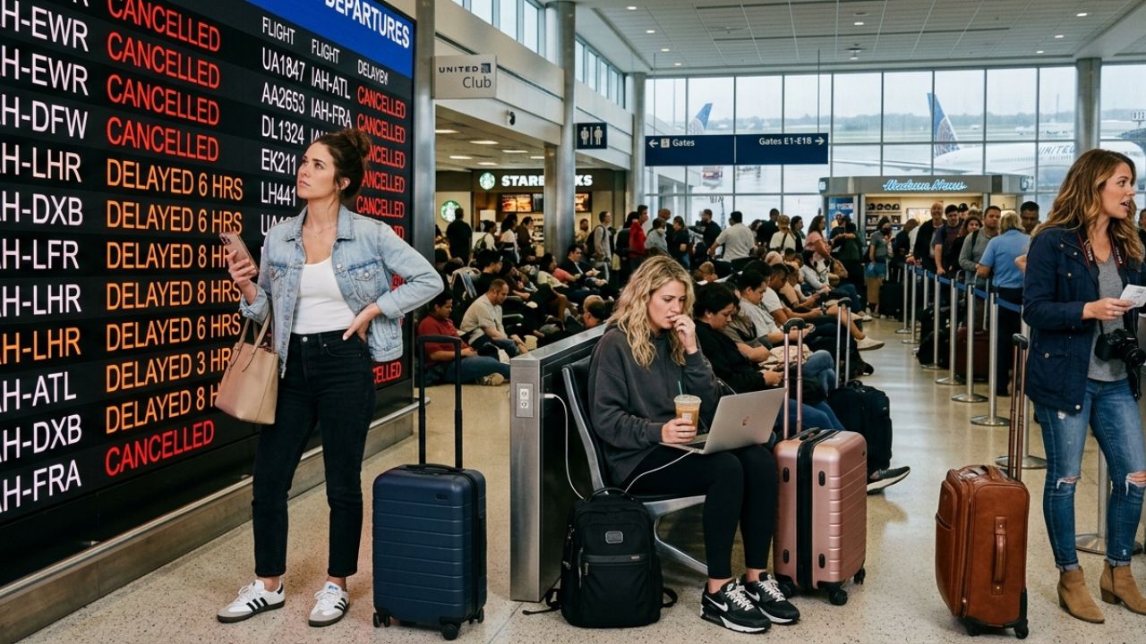 A highly congested Houston Bush Intercontinental Airport terminal experiencing severe passenger bottlenecks and massive travel chaos due to widespread flight cancellations