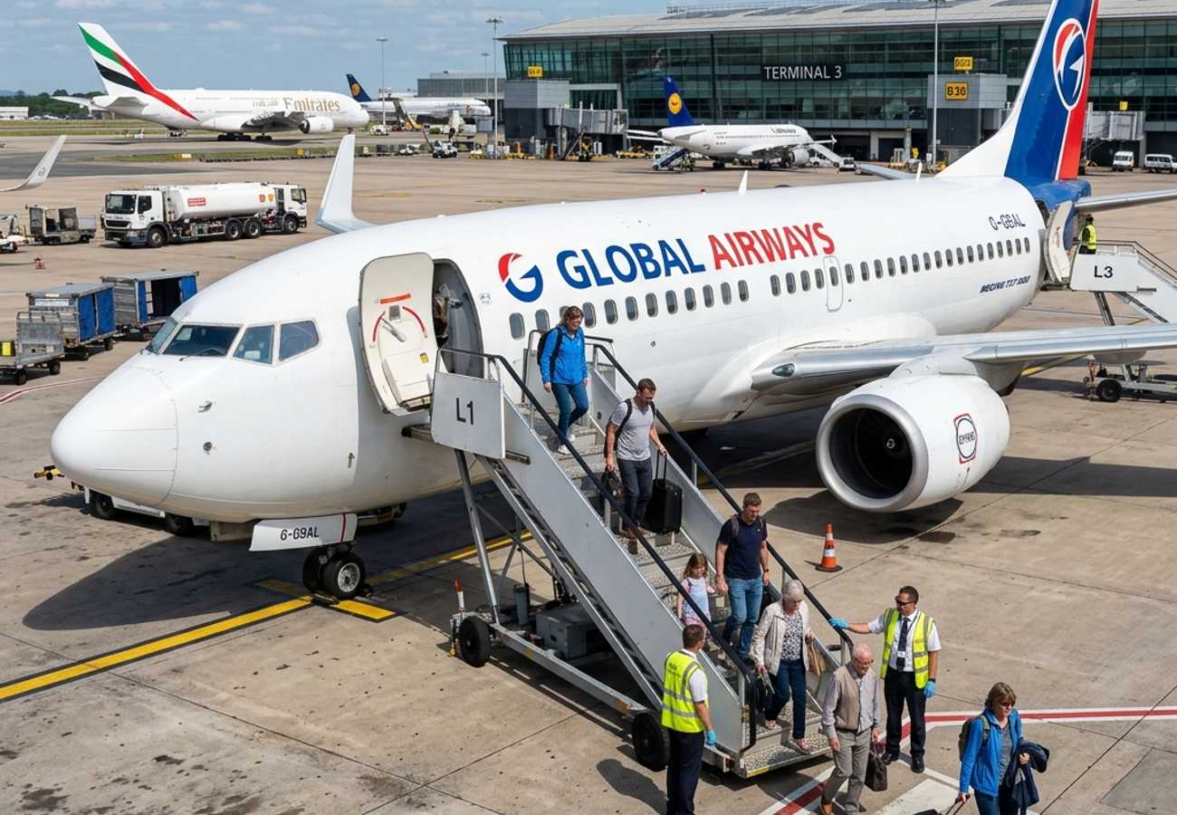 Passengers disembark from airplane after emergency evacuation