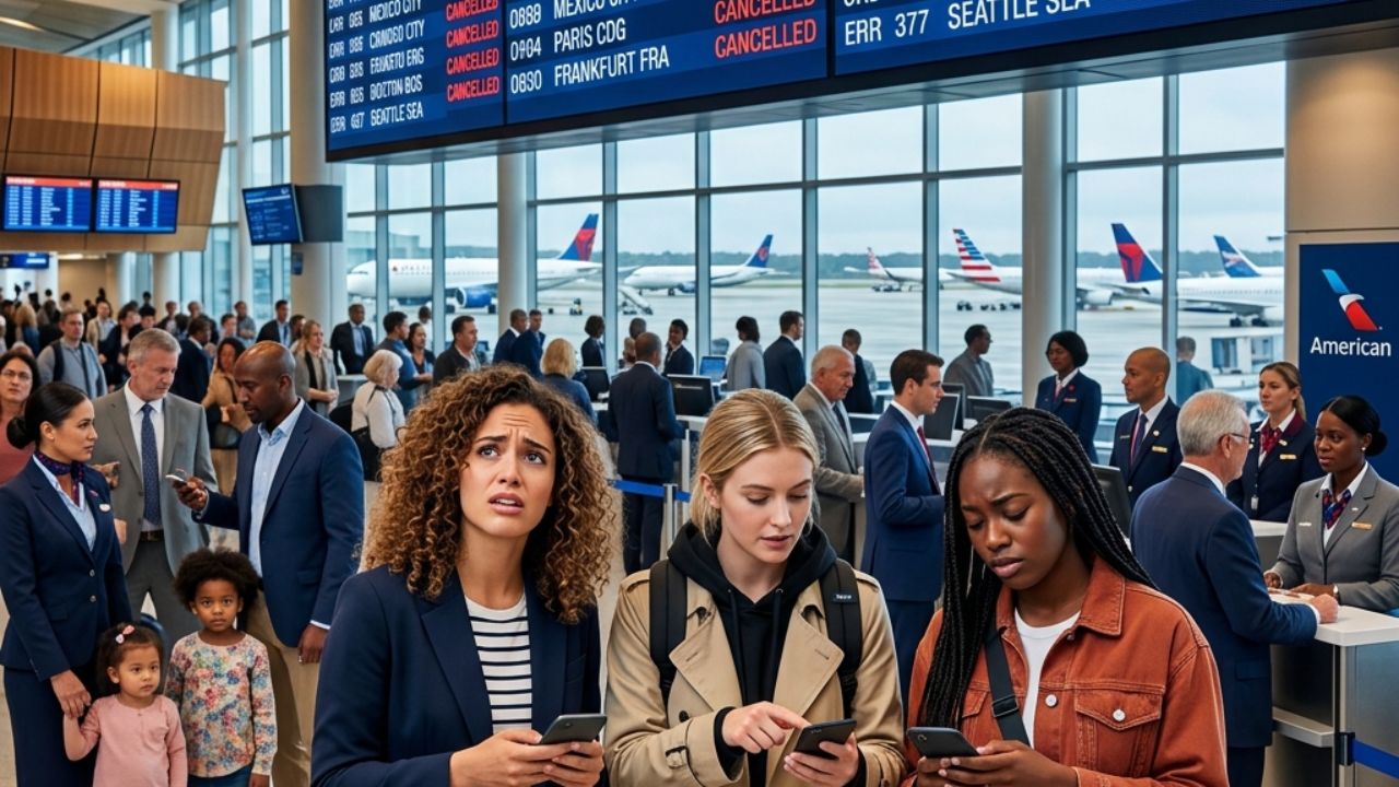 A highly chaotic scene at LAX International arrivals featuring massive crowds of stranded passengers facing severe flight cancellations as federal customs processing is abruptly halted