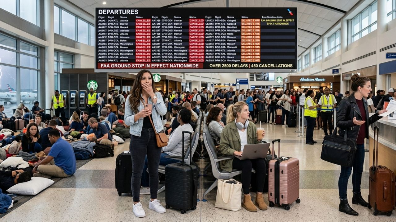 A highly congested Dallas-Fort Worth International Airport terminal experiencing severe passenger bottlenecks and massive travel chaos due to widespread flight cancellations